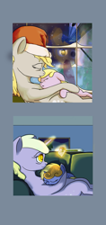 Size: 2400x5100 | Tagged: safe, artist:aaronmk, derpy hooves, dinky hooves, flash sentry, female, filly, hat, night, older, photo, reflection, santa hat, sleeping, snow, window, winter