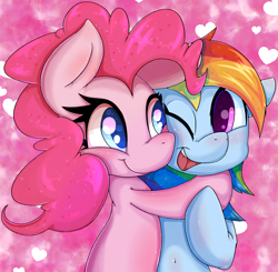 Size: 1240x1213 | Tagged: safe, artist:zokkili, derpibooru import, pinkie pie, rainbow dash, earth pony, pegasus, pony, duo, female, hug, lesbian, mare, one eye closed, open mouth, pinkiedash, shipping, wink