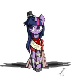 Size: 1100x1200 | Tagged: safe, artist:xonitum, derpibooru import, twilight sparkle, clothes, dress, hat, paper, solo, top hat