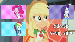 Size: 1024x575 | Tagged: safe, artist:jamesawilliams1996, derpibooru import, edit, edited screencap, screencap, applejack, pinkie pie, rainbow dash, rarity, better together, constructive criticism, equestria girls, broken hand, choose your ship, geode of shielding, geode of super speed, geode of super strength, implied appledash, implied applepie, implied lesbian, implied rarijack, implied shipping, magical geodes