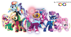 Size: 1024x540 | Tagged: safe, artist:infinitewarlock, derpibooru import, applejack, fili-second, fluttershy, masked matter-horn, mistress marevelous, pinkie pie, radiance, rainbow dash, rarity, saddle rager, twilight sparkle, twilight sparkle (alicorn), zapp, alicorn, earth pony, pegasus, pony, unicorn, power ponies (episode), crystallized, mane six, power ponies, rainbow power, simple background, this isn't even my final form, transparent background