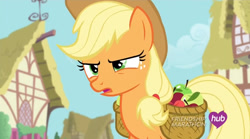 Size: 854x475 | Tagged: safe, screencap, applejack, earth pony, pony, simple ways, hat, hub logo, saddle bag, skeptical, solo