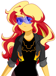 Size: 659x892 | Tagged: safe, artist:rosemile mulberry, sunset shimmer, equestria girls, clothes, equestrian city, female, jacket, scar, simple background, solo, superhero, visor, white background