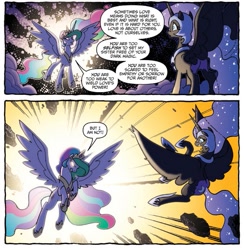 Size: 655x670 | Tagged: safe, idw, nightmare moon, princess celestia, alicorn, pony, spoiler:comic, spoiler:comicfiendshipismagic4, badass, comic, duo, ethereal mane, female, fight, glowing eyes, mare, official comic, sisters, speech bubble, spread wings, starry mane, wings