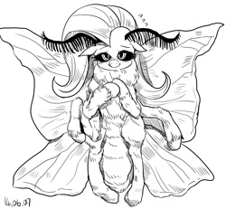 Size: 1000x923 | Tagged: safe, artist:nekubi, fluttershy, mothpony, original species, fluttermoth, monochrome, pixiv, solo, species swap