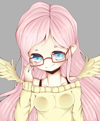 Size: 1024x1236 | Tagged: safe, artist:baka0917, fluttershy, human, against glass, glasses, humanized, solo, winged humanization