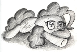 Size: 2038x1368 | Tagged: safe, artist:normalevan, pinkie pie, earth pony, pony, cute, diapinkes, monochrome, pencil drawing, shading, sleepy, solo, traditional art