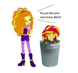 Size: 1516x1416 | Tagged: safe, adagio dazzle, sunset shimmer, equestria girls, abuse, dialogue, downvote bait, op is a cuck, op is trying to start shit, sad, shimmerbuse, simple background, sunset shimmer's trash can, trash can, vulgar, white background