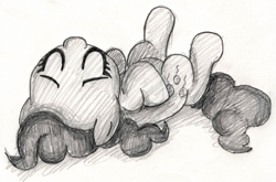 Size: 2022x1338 | Tagged: safe, artist:normalevan, pinkie pie, earth pony, pony, cute, diapinkes, monochrome, on back, pencil drawing, shading, sleeping, solo, traditional art
