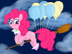 Size: 1024x768 | Tagged: safe, artist:moekonya, artist:rioumcdohl26, pinkie pie, earth pony, pony, arche klaine, balloon, blushing, broom, cloud, flying, flying broomstick, looking back, night, night sky, open mouth, smiling, solo, tales of phantasia, tales of series, then watch her balloons lift her up to the sky