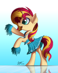 Size: 2000x2500 | Tagged: safe, alternate version, artist:duskie-06, sunset shimmer, pony, unicorn, bipedal, cheerleader, clothes, cute, female, gradient background, mare, midriff, pom pom, reflection, shimmerbetes, skirt, skirt lift, solo