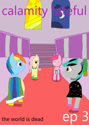 Size: 5339x7465 | Tagged: safe, artist:mellowbomb, derpibooru import, fluttershy, pinkie pie, rainbow dash, oc, oc:closingrain, earth pony, pegasus, pony, comic:calamity fateful, 1000 hours in ms paint, absurd resolution