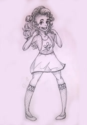 Size: 700x1000 | Tagged: safe, artist:o-e-chan, pinkie pie, human, clothes, humanized, monochrome, skirt, solo, traditional art