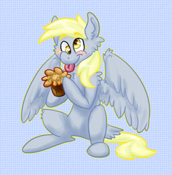 Size: 663x673 | Tagged: safe, artist:maskarie, derpy hooves, pegasus, pony, female, food, mare, muffin, solo, tongue out