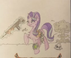 Size: 1055x865 | Tagged: safe, artist:r0bbyg, starlight glimmer, pony, unicorn, fallout equestria, gun, pipboy, rifle, saddle bag, solo, traditional art, weapon