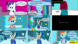 Size: 11550x6600 | Tagged: safe, artist:mellowbomb, derpibooru import, rainbow dash, rarity, oc, oc:closingrain, pegasus, pony, unicorn, comic:calamity fateful, 1000 hours in ms paint, absurd resolution, dialogue, female, mare