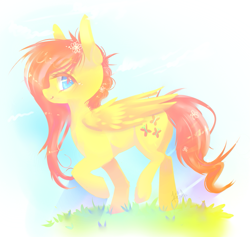 Size: 857x812 | Tagged: safe, artist:kitsukithefox, fluttershy, pegasus, pony, cute, flower, flower in hair, grass, raised hoof, solo