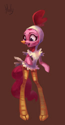 Size: 1263x2404 | Tagged: safe, artist:holivi, pinkie pie, earth pony, pony, semi-anthro, luna eclipsed, animal costume, chicken pie, chicken suit, clothes, costume, simple background, solo