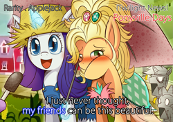 Size: 2121x1500 | Tagged: safe, artist:vavacung, applejack, rarity, spike, trenderhoof, twilight sparkle, dragon, earth pony, pony, unicorn, simple ways, :d, applejewel, blushing, clothes, covering, dress, embarrassed, female, hat, interview, lesbian, magic, meme, microphone, observer, open mouth, rarihick, rarijack, shipping, smiling, special feeling, stoned, straw hat, subtitles, surprised, umbrella