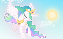 Size: 1920x1200 | Tagged: safe, artist:mattbas, princess celestia, alicorn, pony, eyes closed, flying, solo, sun