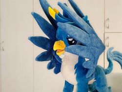 Size: 2048x1536 | Tagged: safe, artist:nekokevin, gallus, griffon, close-up, irl, male, open mouth, photo, plushie, smiling, solo, spread wings, teenager, wings
