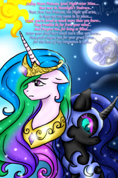 Size: 1000x1500 | Tagged: safe, artist:garucca415, nightmare moon, princess celestia, princess luna, alicorn, pony, duality, duet, floppy ears, lullaby for a princess, luna's soliloquy, lyrics, moon, sun