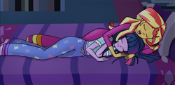 Size: 2406x1167 | Tagged: safe, artist:verumtee, sci-twi, sunset shimmer, twilight sparkle, comic:sparkling shimmer, equestria girls, barefoot, bed, bedroom, chapter 1, clothes, cuddling, eyes closed, feet, female, lesbian, open mouth, pajamas, scitwishimmer, shipping, smiling, spooning, sunsetsparkle