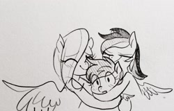 Size: 2617x1675 | Tagged: safe, artist:glacierclear, derpibooru import, fluttershy, rainbow dash, scootaloo, pegasus, pony, blushing, eyes closed, hug, monochrome, scootalove, sketch, smiling, traditional art