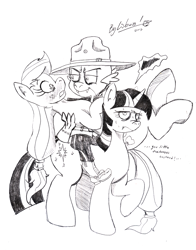 Size: 1000x1275 | Tagged: safe, artist:bylisboa, applejack, spike, twilight sparkle, dragon, earth pony, pony, applespike, canada, female, male, monochrome, mountie, shipping, straight, twilight is not amused, unamused