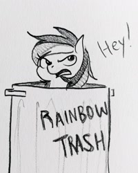 Size: 1758x2198 | Tagged: safe, artist:glacierclear, derpibooru import, rainbow dash, pegasus, pony, angry, dialogue, hilarious in hindsight, monochrome, rainbow trash, sketch, solo, traditional art, trash, trash can