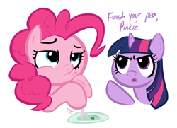 Size: 808x586 | Tagged: safe, artist:shoutingisfun, derpibooru import, pinkie pie, twilight sparkle, earth pony, pony, bored, dialogue, eat your buckin' peas professor!, eating, food, parody, pea, reference, the powerpuff girls