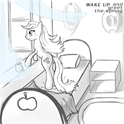 Size: 1357x1357 | Tagged: safe, artist:bastardo-kun, applejack, earth pony, pony, bed, bipedal, bipedal leaning, loose hair, monochrome, mug, solo, window