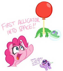 Size: 930x1044 | Tagged: safe, artist:shoutingisfun, derpibooru import, gummy, pinkie pie, twilight sparkle, earth pony, pony, balloon, fart, fart noise