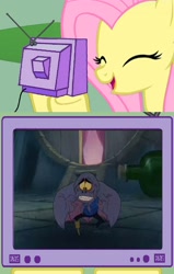 Size: 1836x2892 | Tagged: safe, fluttershy, bat, pegasus, pony, amputee, cute, disney, exploitable meme, fidget the bat, funny, meme, obligatory pony, peg leg, prosthetic leg, prosthetic limb, prosthetics, the great mouse detective, tv meme