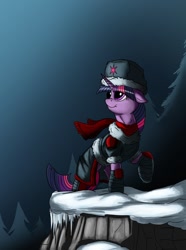 Size: 744x998 | Tagged: safe, artist:exelzior, derpibooru import, twilight sparkle, boots, clothes, coat, hat, hoof boots, scarf, snow, solo, ushanka, winter, winter outfit