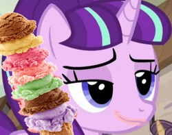 Size: 792x625 | Tagged: safe, edit, edited screencap, screencap, starlight glimmer, pony, unicorn, the cutie map, food, ice cream, messy eating, s5 starlight, solo