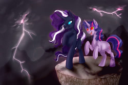 Size: 1024x683 | Tagged: safe, artist:tzelly-el, derpibooru import, nightmare rarity, twilight sparkle, corrupted, corrupted twilight sparkle, evil, lightning, nightmare, rearing, sombra eyes