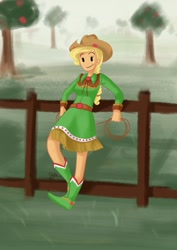 Size: 905x1280 | Tagged: safe, artist:artbydana, applejack, human, fence, humanized, leaning, orange skin, rope, solo