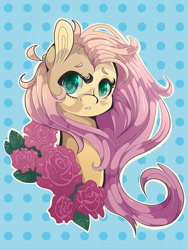 Size: 1200x1600 | Tagged: safe, artist:tomat-in-cup, fluttershy, pegasus, pony, bust, eyebrows, female, flower, mare, polka dot background, portrait, rose, simple background, solo