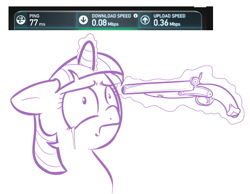 Size: 703x546 | Tagged: safe, artist:shoutingisfun, derpibooru import, twilight sparkle, australian internet, bandwidth, broadband, crying, flintlock, gun, magic, monochrome, solo, speedtest.net, suicide