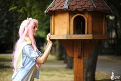 Size: 1600x1066 | Tagged: safe, artist:skeggjöld, fluttershy, human, 2014, bird house, convention, cosplay, irl, irl human, made in japan, photo, solo