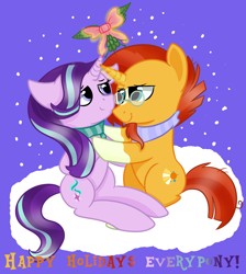 Size: 2600x2900 | Tagged: safe, artist:rainbowtashie, starlight glimmer, sunburst, pony, unicorn, christmas, female, holiday, male, mare, mistletoe, purple background, shipping, simple background, snow, stallion, starburst, straight, text