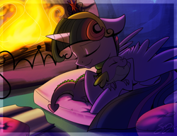 Size: 800x615 | Tagged: dead source, safe, artist:probablyfakeblonde, derpibooru import, spike, twilight sparkle, twilight sparkle (alicorn), alicorn, dragon, pony, backlighting, big crown thingy, element of magic, female, fireplace, happy, hug, mama twilight, mare, pillow, spikelove