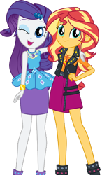 Size: 552x946 | Tagged: safe, rarity, sunset shimmer, human, equestria girls, equestria girls series, arm around neck, clothes, duo, female, hand on shoulder, official, one eye closed, simple background, transparent background, wink