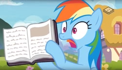 Size: 1611x927 | Tagged: safe, derpibooru import, screencap, rainbow dash, pegasus, pony, the end in friend, book, female, mare, open book