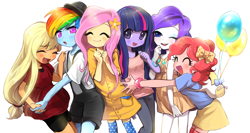 Size: 1500x800 | Tagged: safe, artist:quizia, derpibooru import, applejack, fluttershy, pinkie pie, rainbow dash, rarity, twilight sparkle, equestria girls, bowler hat, cute, dashabetes, diapinkes, hat, humane five, humane six, jackabetes, quizia is trying to murder us, raribetes, shyabetes, twiabetes