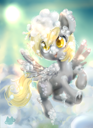 Size: 4800x6600 | Tagged: safe, artist:cosmocatcrafts, derpy hooves, pegasus, pony, absurd resolution, cloud, cute, derpabetes, female, fluffy, flying, mare, solo, sun, underhoof