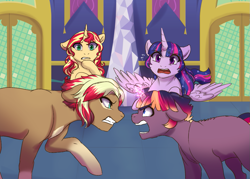 Size: 1063x762 | Tagged: safe, artist:miamaha, sunset shimmer, twilight sparkle, twilight sparkle (alicorn), oc, oc:astral dusk, oc:nova spark, alicorn, pony, argument, female, looking at each other, magical lesbian spawn, offspring, parent:sunset shimmer, parent:tempest shadow, parent:twilight sparkle, parents:tempestlight, story in the source