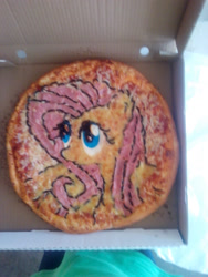Size: 2448x3264 | Tagged: safe, artist:harimaskull, fluttershy, pegasus, pony, photo, pizza, solo