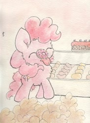 Size: 976x1331 | Tagged: safe, artist:slightlyshade, pinkie pie, earth pony, pony, cute, diapinkes, donut, solo, tongue out, traditional art